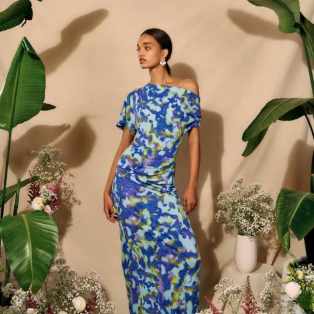 Diane Von Furstenberg Blue and Green One-Shoulder Maxi Dress